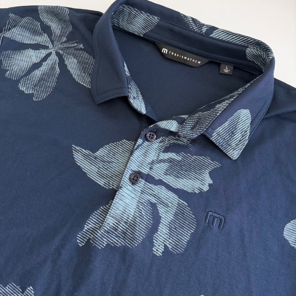 Travis Mathew Mens Navy Blue Floral Golf Polo Shirt Large Reunion Logo